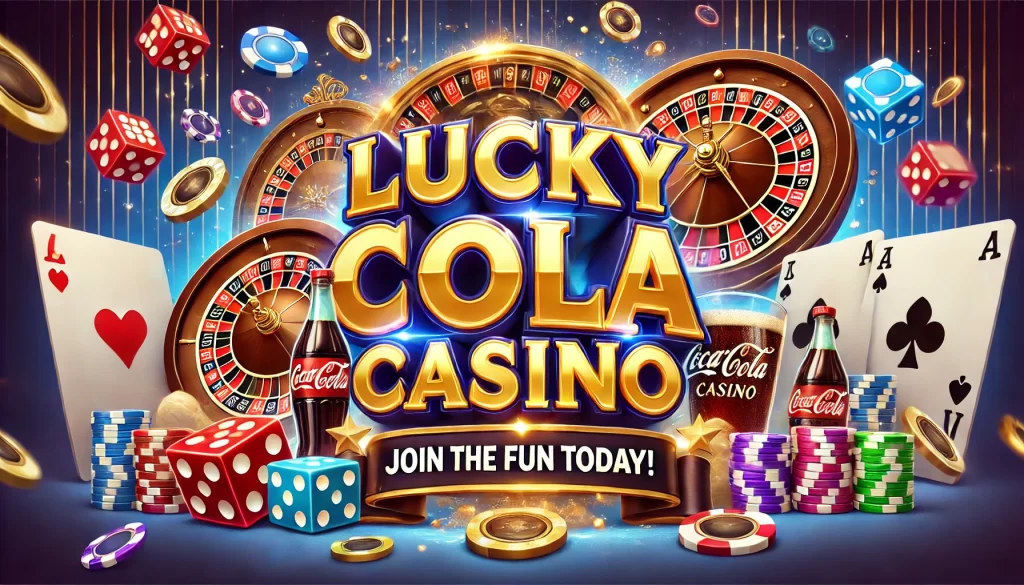 Thrilling casino environment with roulette wheels, dice, and chips, showcasing Lucky Cola Casino and a banner that says 'Join the Fun Today!