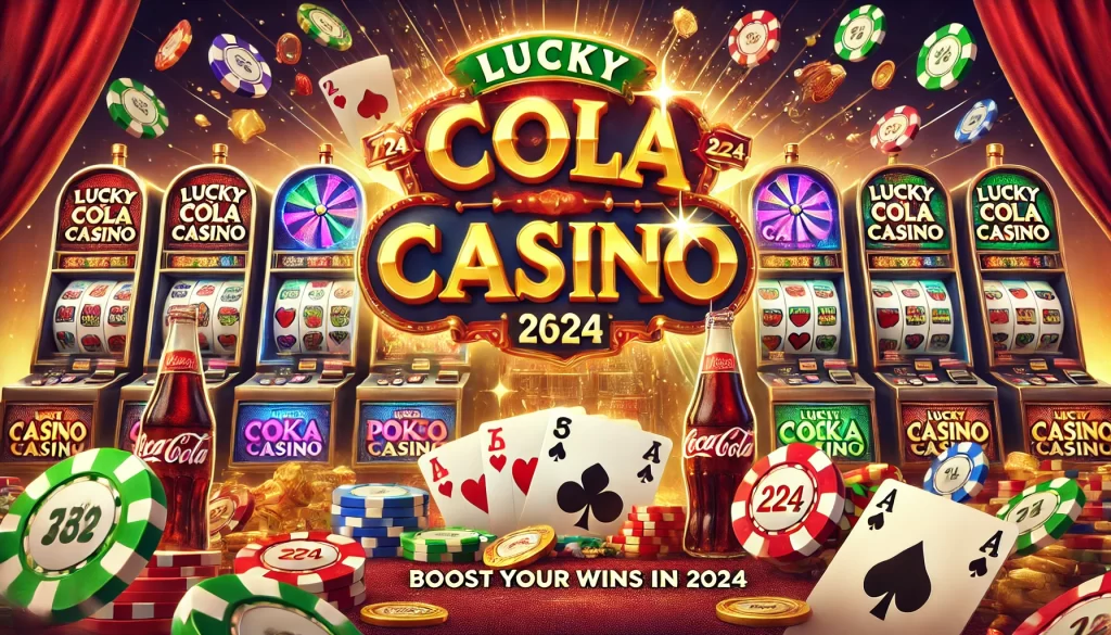 Exciting casino scene with slot machines, poker chips, and cards, featuring Lucky Cola Casino and a banner that says 'Boost Your Wins in 2024'