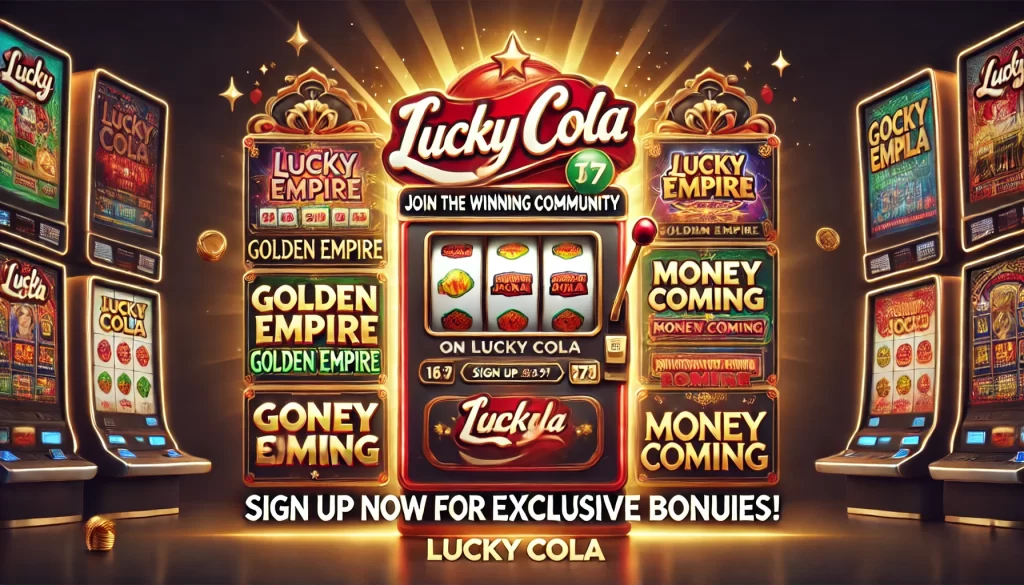 A vibrant Lucky Cola advertisement featuring a glowing jackpot slot machine with the text 'Join the winning community on Lucky Cola.' The background uses gold, red, and black to highlight luxury, with icons of the games Golden Empire and Money Coming. The Lucky Cola logo is in the corner, along with the call to action 'Sign up now for exclusive bonuses!'