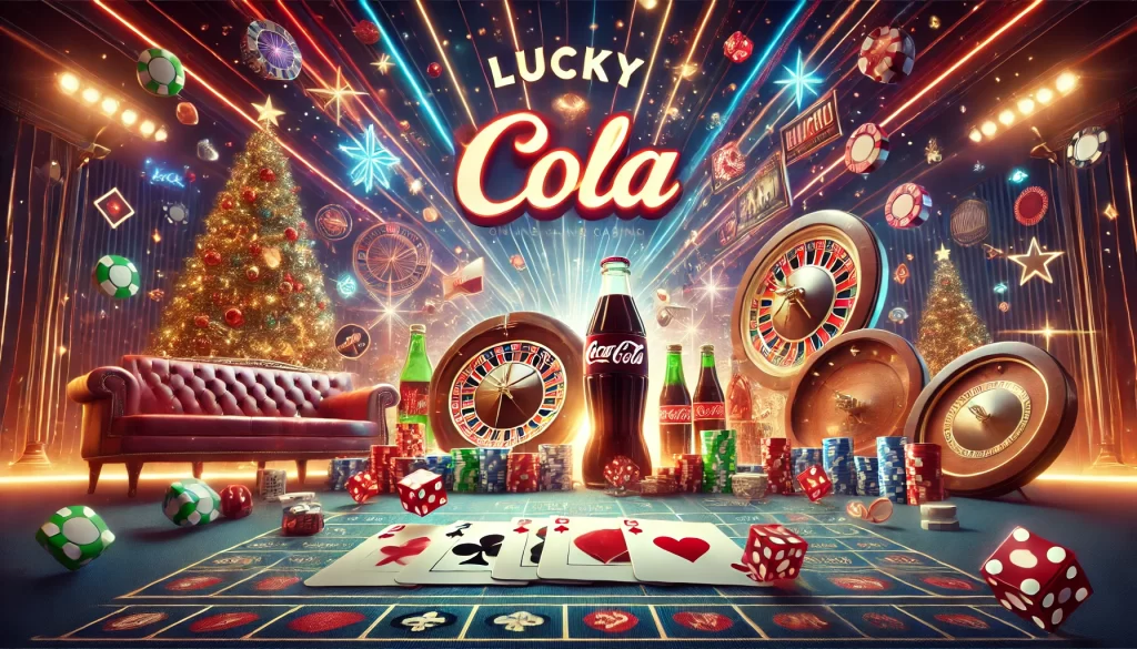 An immersive advertisement for Lucky Cola, highlighting card games, roulette wheels, and gaming tables in a lively casino atmosphere, symbolizing the excitement of playing in a top-tier online casino.